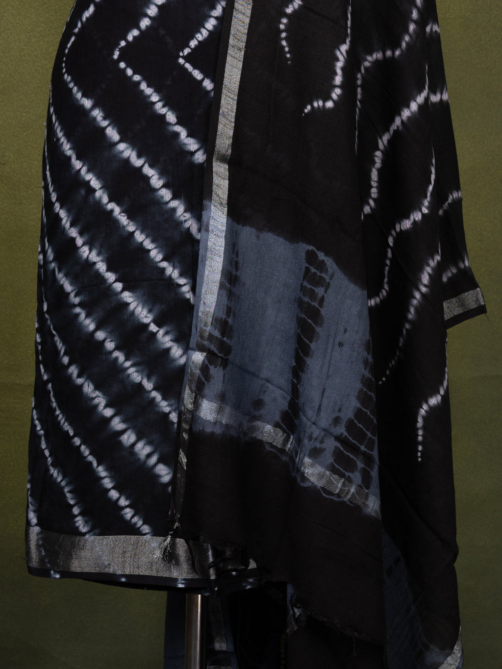 Linen cotton dress material black and grey with allover shibori prints and bottom & dupatta
