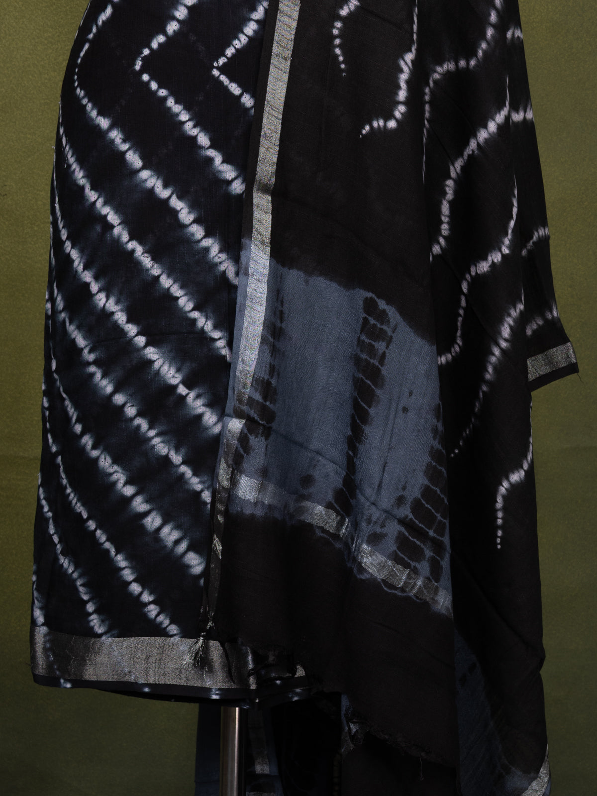 Linen cotton dress material black and grey with allover shibori prints and bottom & dupatta