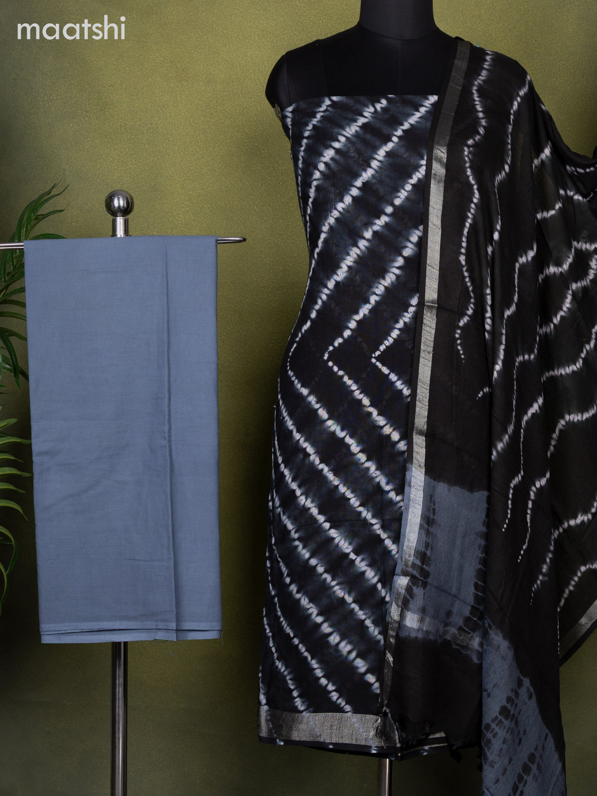 Linen cotton dress material black and grey with allover shibori prints and bottom & dupatta