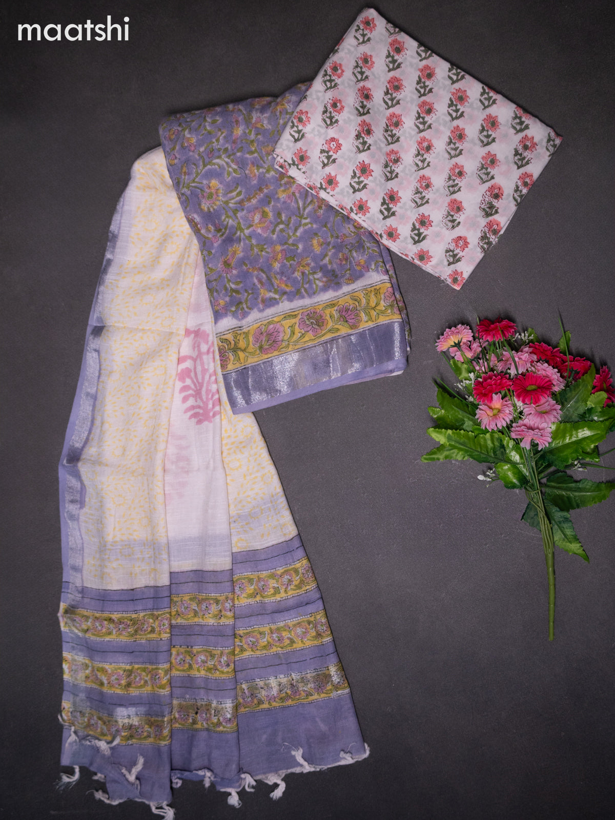 Linen cotton dress material pastel purple and off white with allover prints and bottom & dupatta