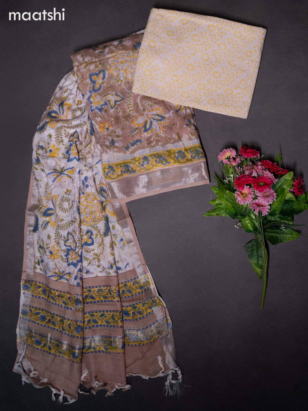 Linen cotton dress material pastel brown and off white with allover prints and bottom & dupatta