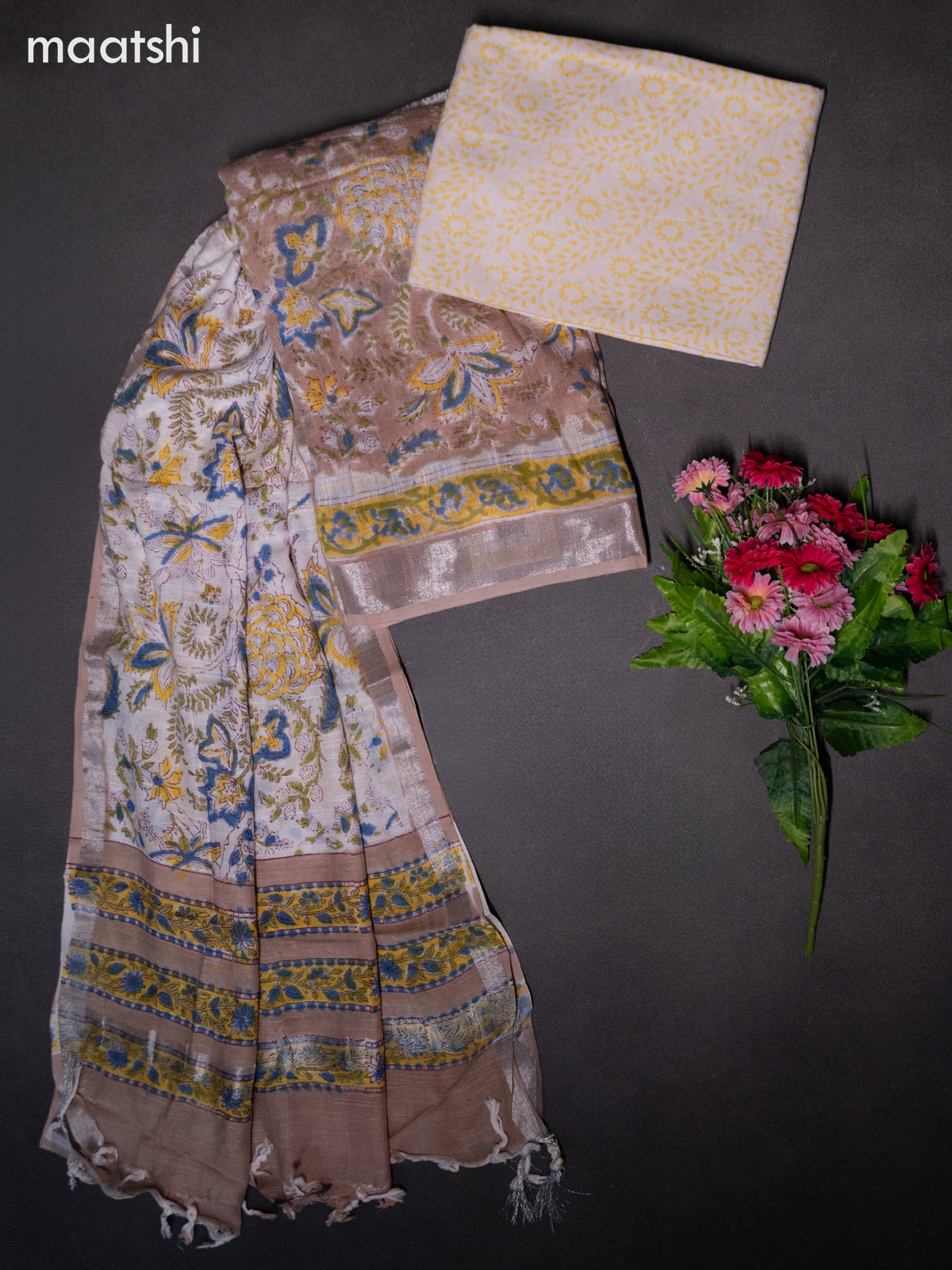 Linen cotton dress material pastel brown and off white with allover prints and bottom & dupatta