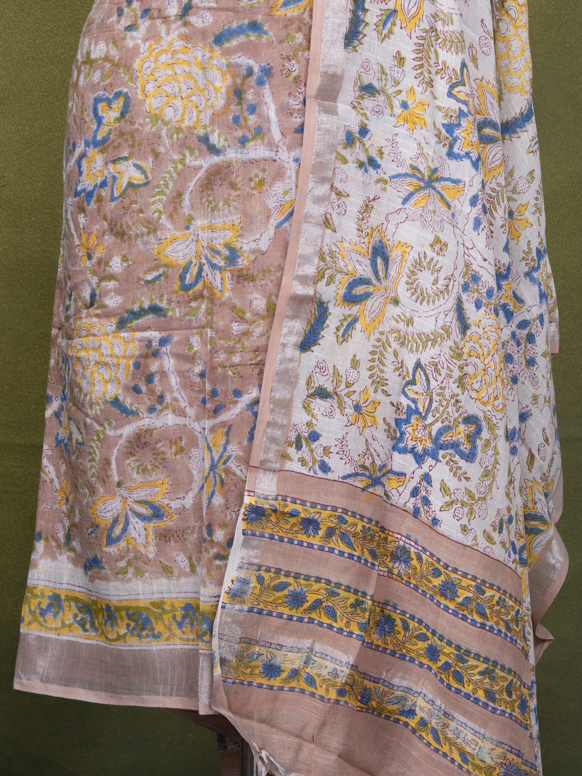 Linen cotton dress material pastel brown and off white with allover prints and bottom & dupatta