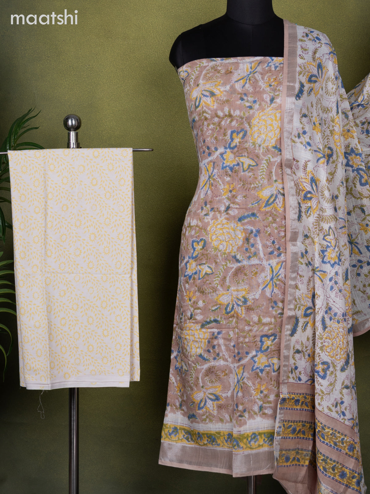 Linen cotton dress material pastel brown and off white with allover prints and bottom & dupatta