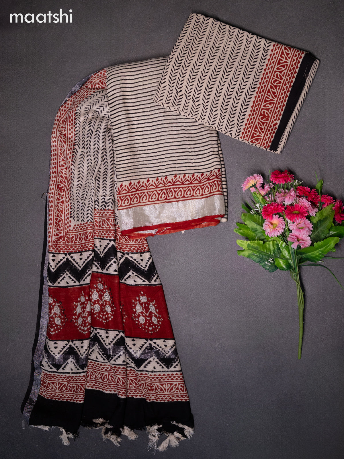 Linen cotton dress material beige and black with allover stripes pattern and bottom & dupatta