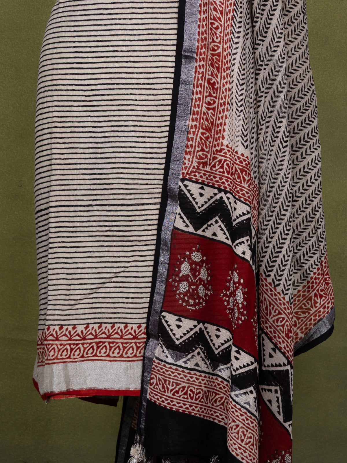 Linen cotton dress material beige and black with allover stripes pattern and bottom & dupatta