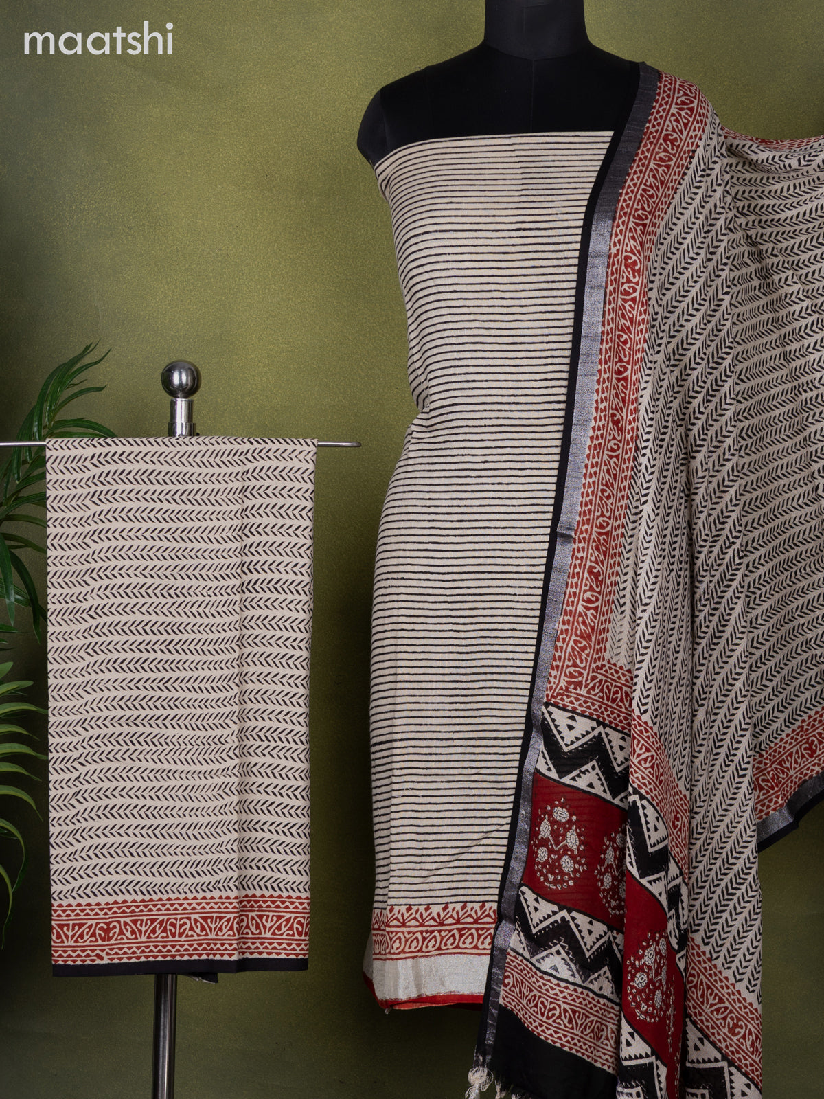 Linen cotton dress material beige and black with allover stripes pattern and bottom & dupatta