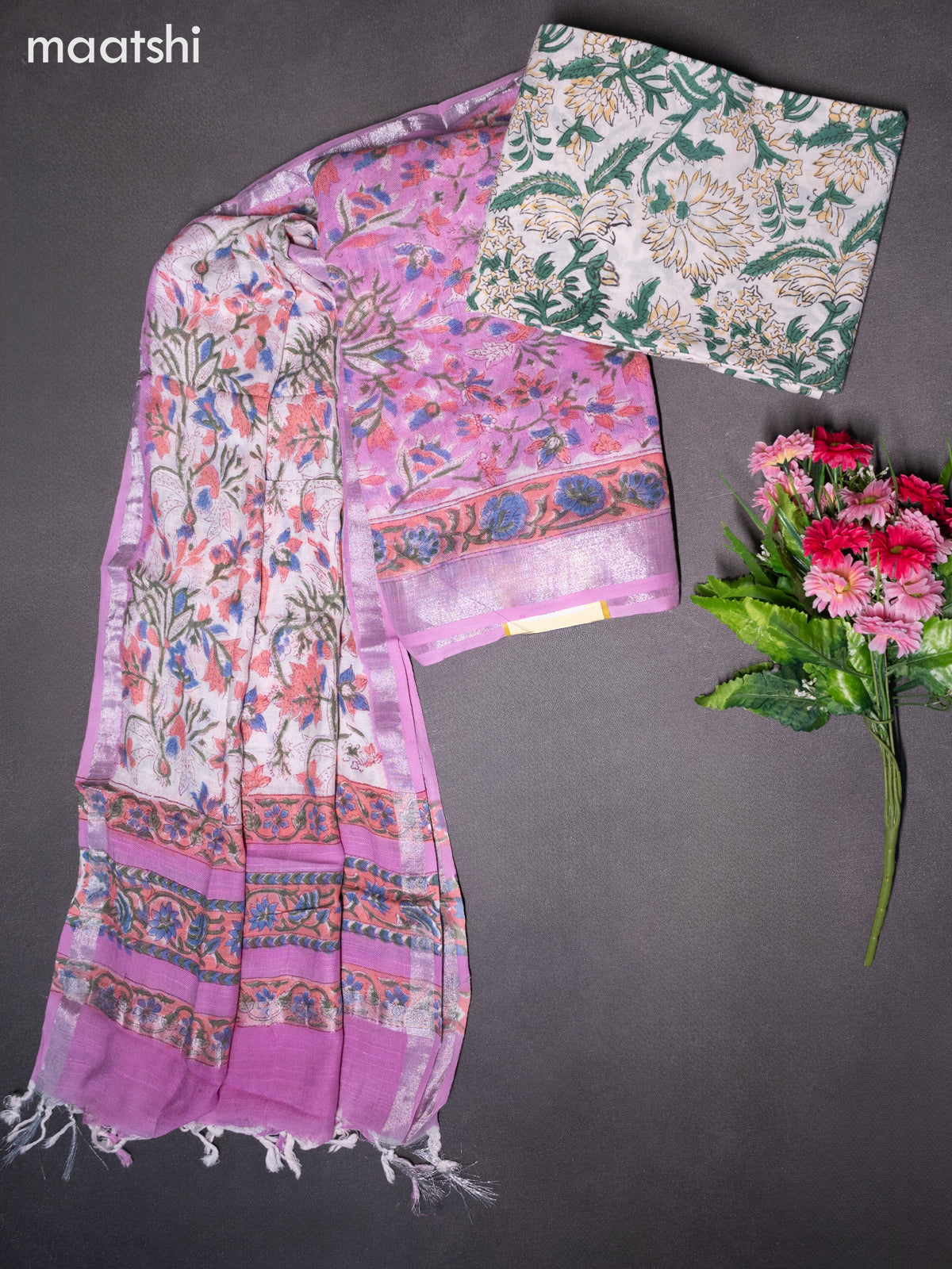 Linen cotton dress material lotus pink and off white with allover prints and bottom & dupatta