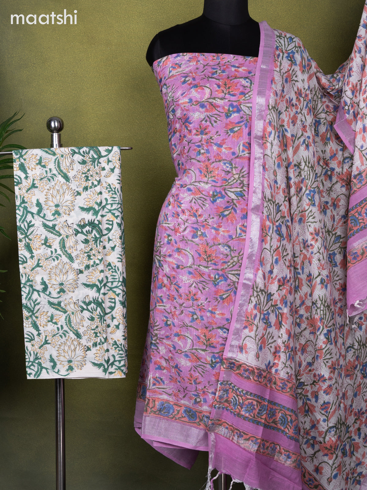 Linen cotton dress material lotus pink and off white with allover prints and bottom & dupatta