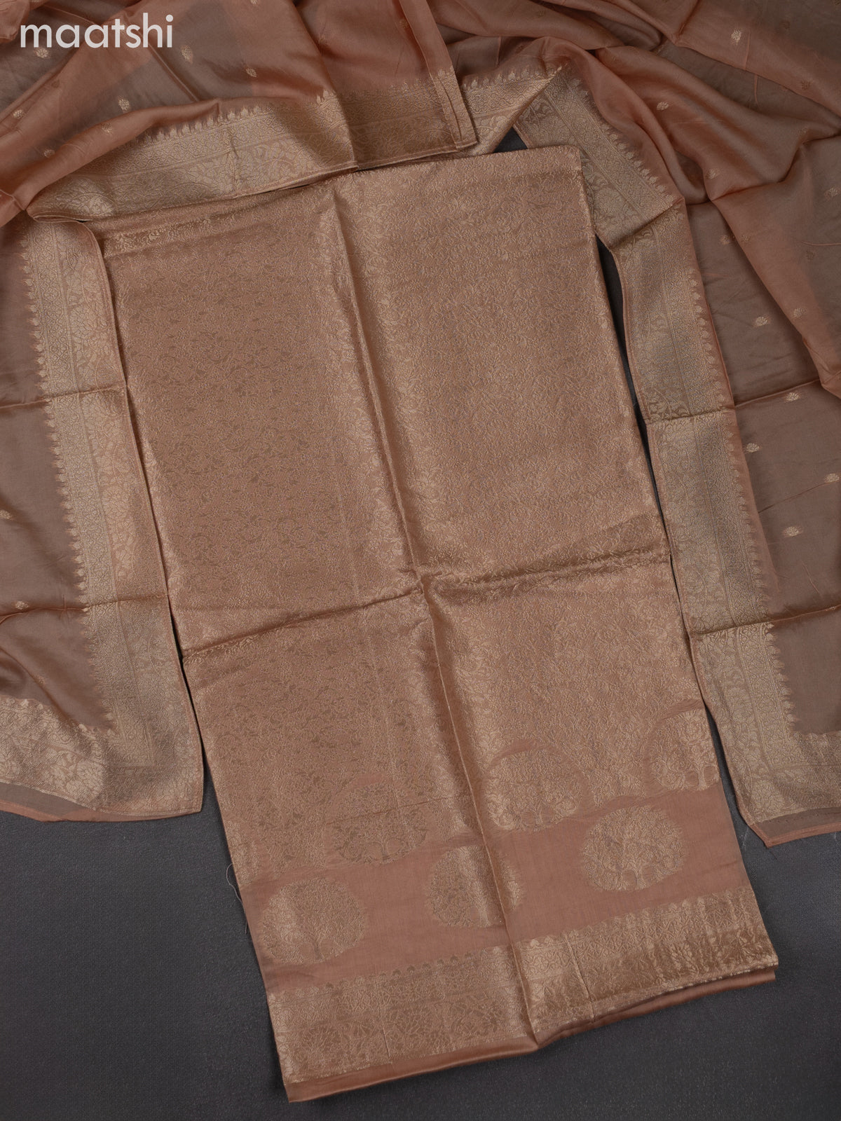 Banarasi silk dress material sandal with allover zari brocade weaves and dupatta & without bottom