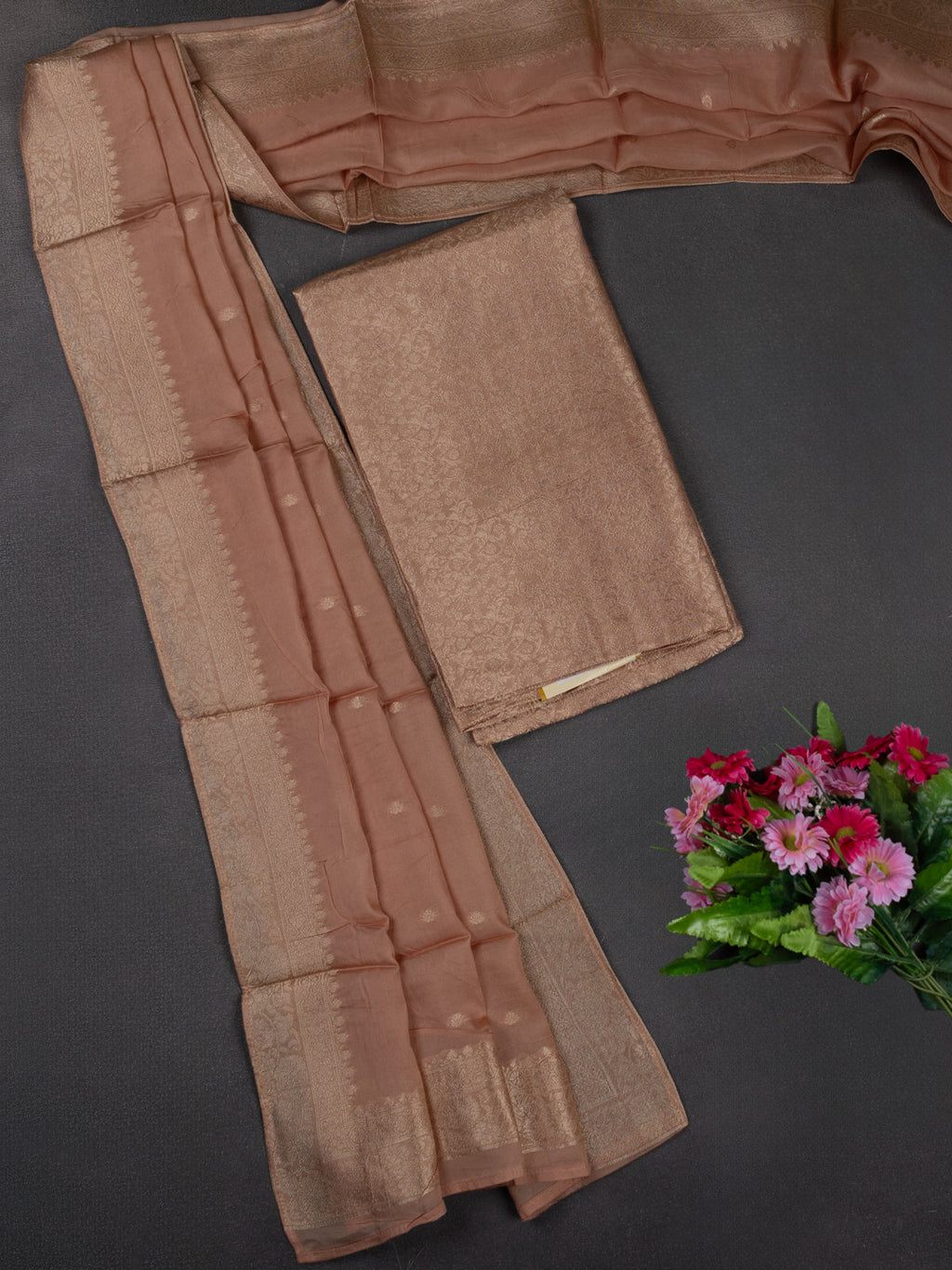 Banarasi silk dress material sandal with allover zari brocade weaves and dupatta & without bottom