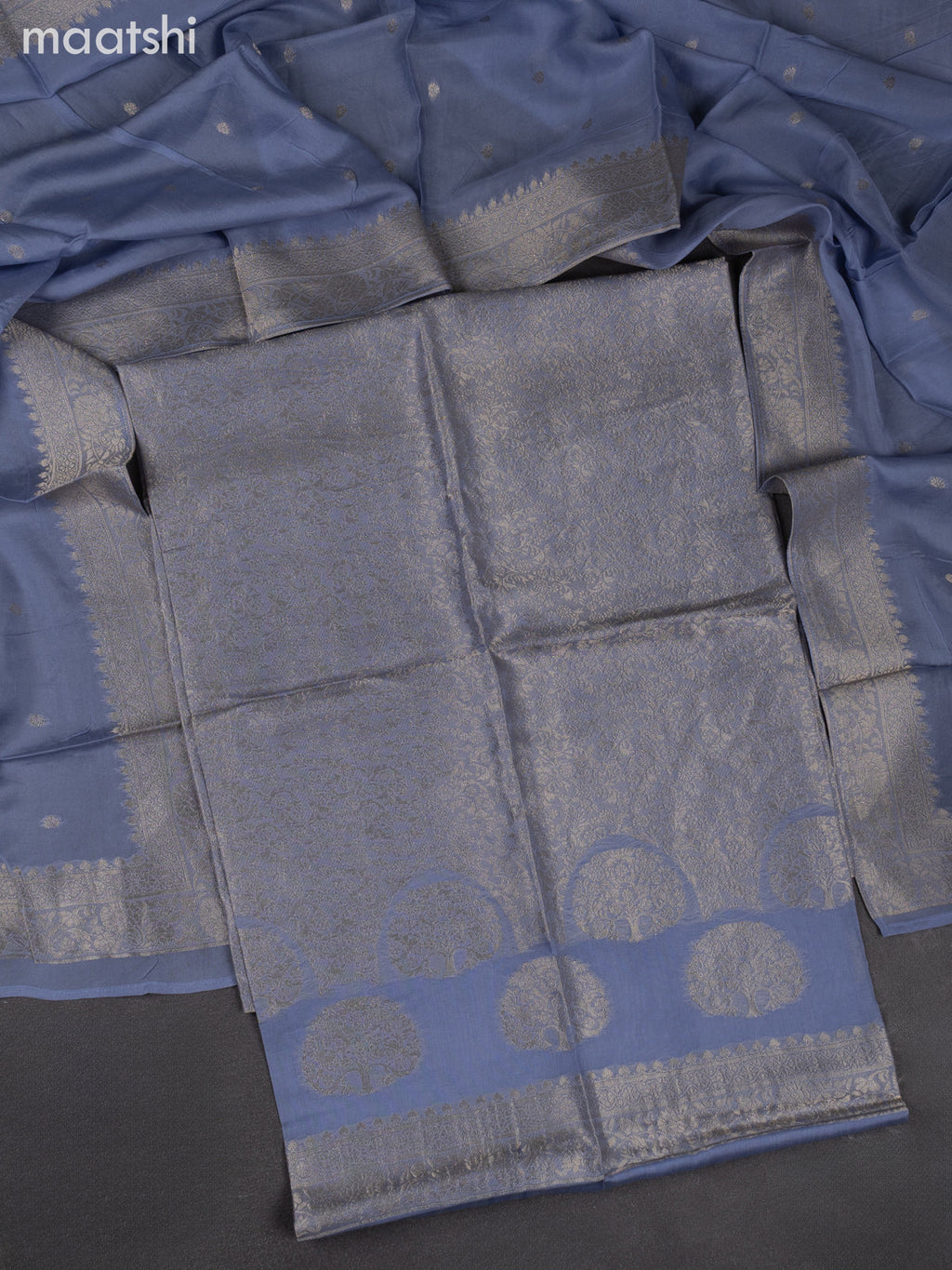 Banarasi silk dress material greyish blue with allover zari brocade weaves and dupatta & without bottom