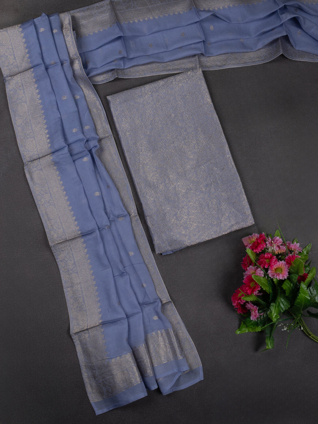 Banarasi silk dress material greyish blue with allover zari brocade weaves and dupatta & without bottom