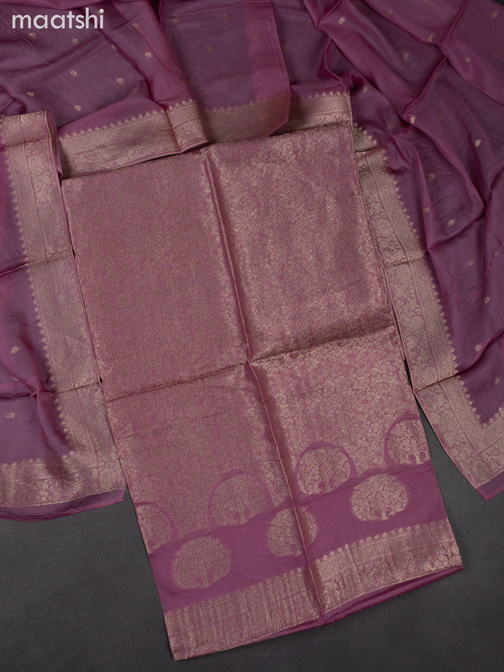 Banarasi silk dress material mauve pink with allover zari brocade weaves and dupatta & without bottom