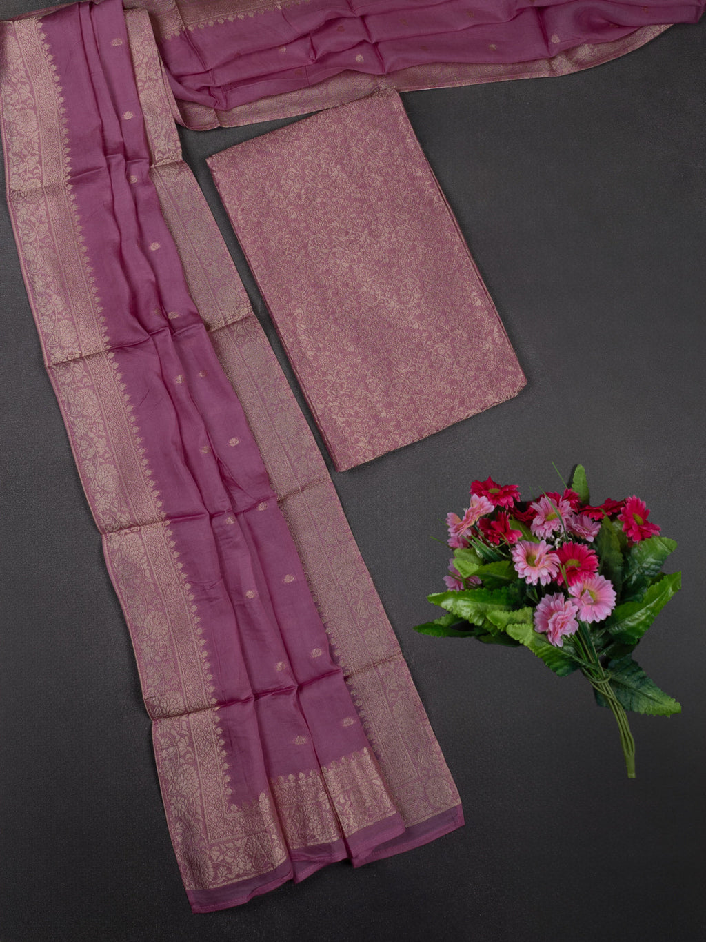 Banarasi silk dress material mauve pink with allover zari brocade weaves and dupatta & without bottom