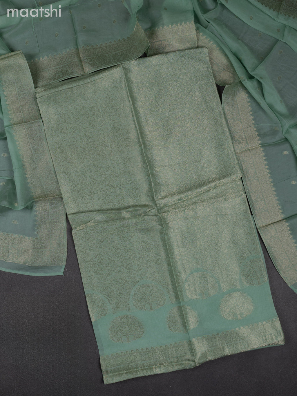 Banarasi silk dress material pastel green with allover zari brocade weaves and dupatta & without bottom