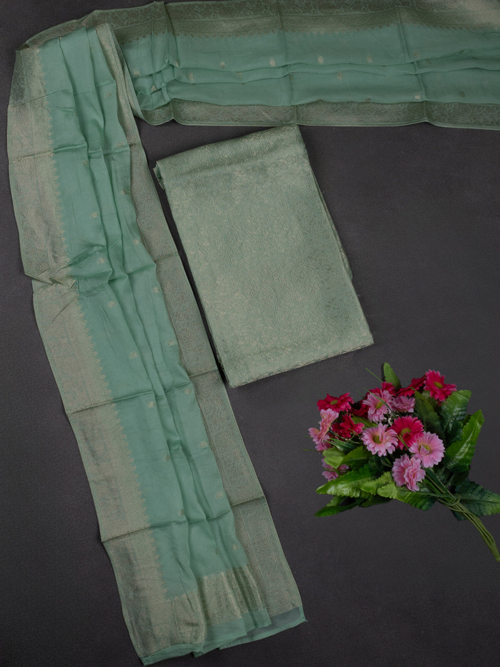 Banarasi silk dress material pastel green with allover zari brocade weaves and dupatta & without bottom