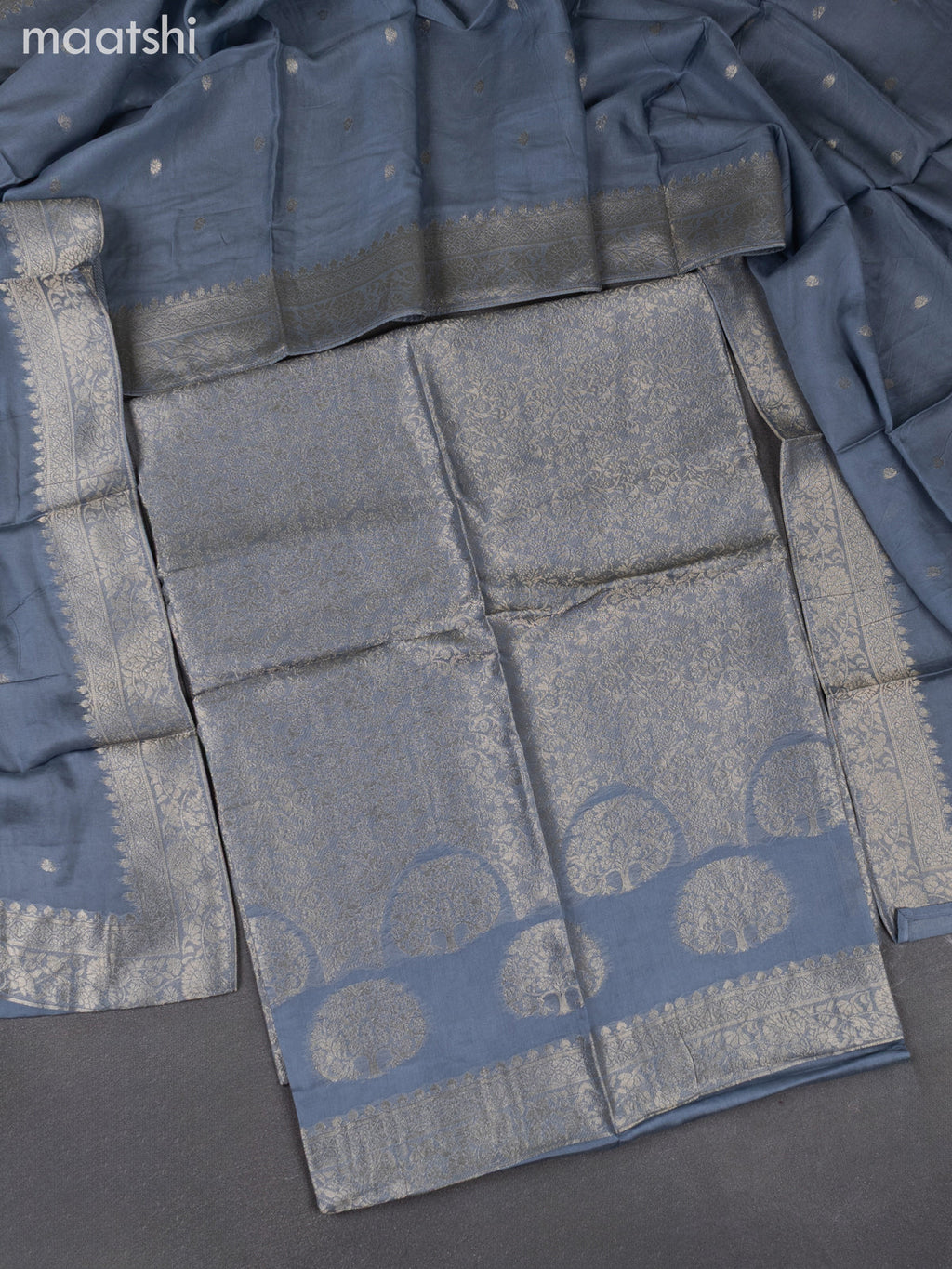 Banarasi silk dress material grey with allover zari brocade weaves and dupatta & without bottom