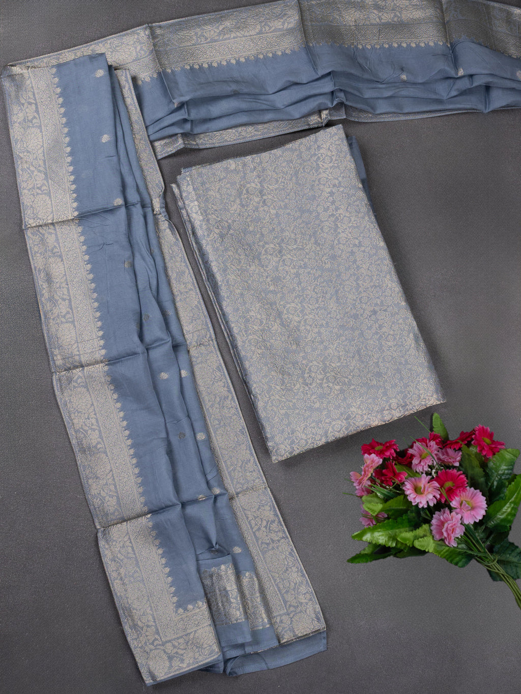 Banarasi silk dress material grey with allover zari brocade weaves and dupatta & without bottom