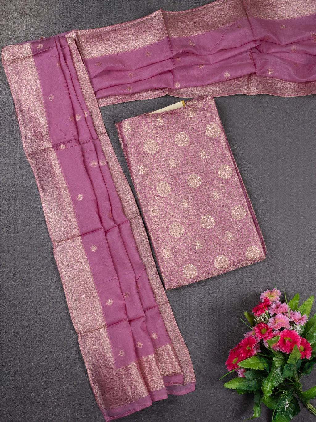 Banarasi silk dress material mauve pink with allover zari brocade weaves and dupatta & without bottom