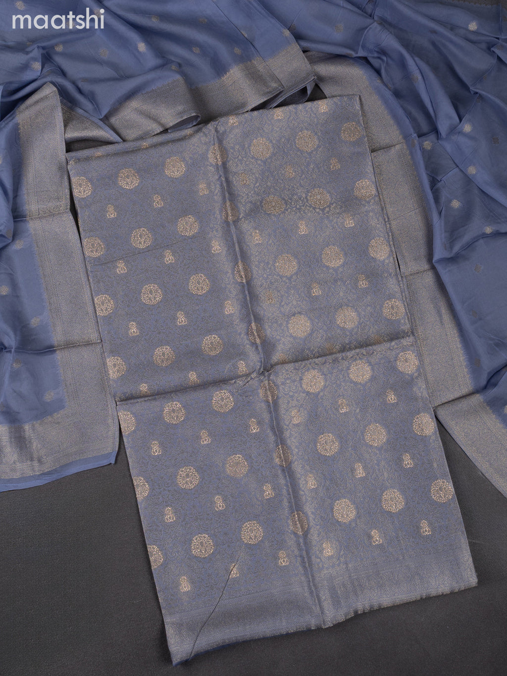 Banarasi silk dress material greyish blue with allover zari brocade weaves and dupatta & without bottom