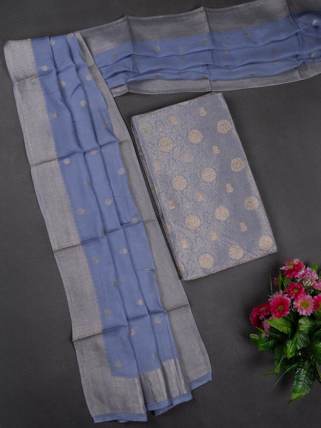 Banarasi silk dress material greyish blue with allover zari brocade weaves and dupatta & without bottom
