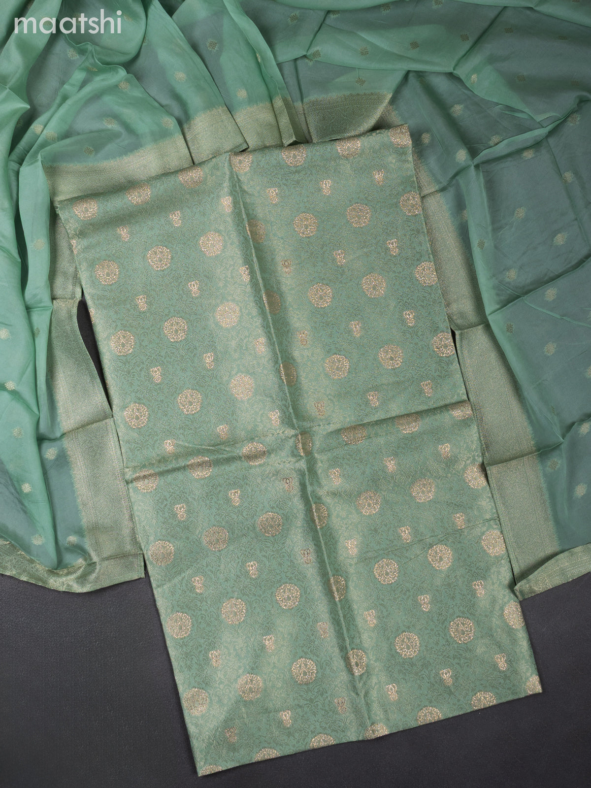 Banarasi silk dress material pastel green with allover zari brocade weaves and dupatta & without bottom