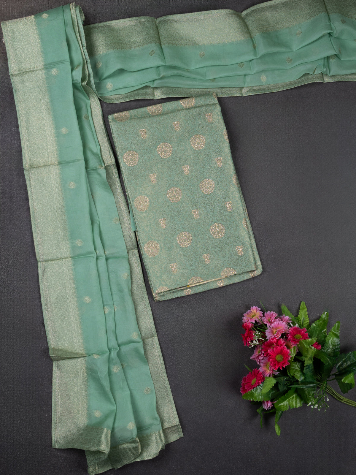 Banarasi silk dress material pastel green with allover zari brocade weaves and dupatta & without bottom