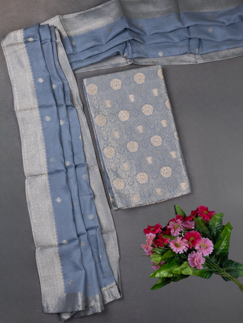 Banarasi silk dress material grey with allover zari brocade weaves and dupatta & without bottom