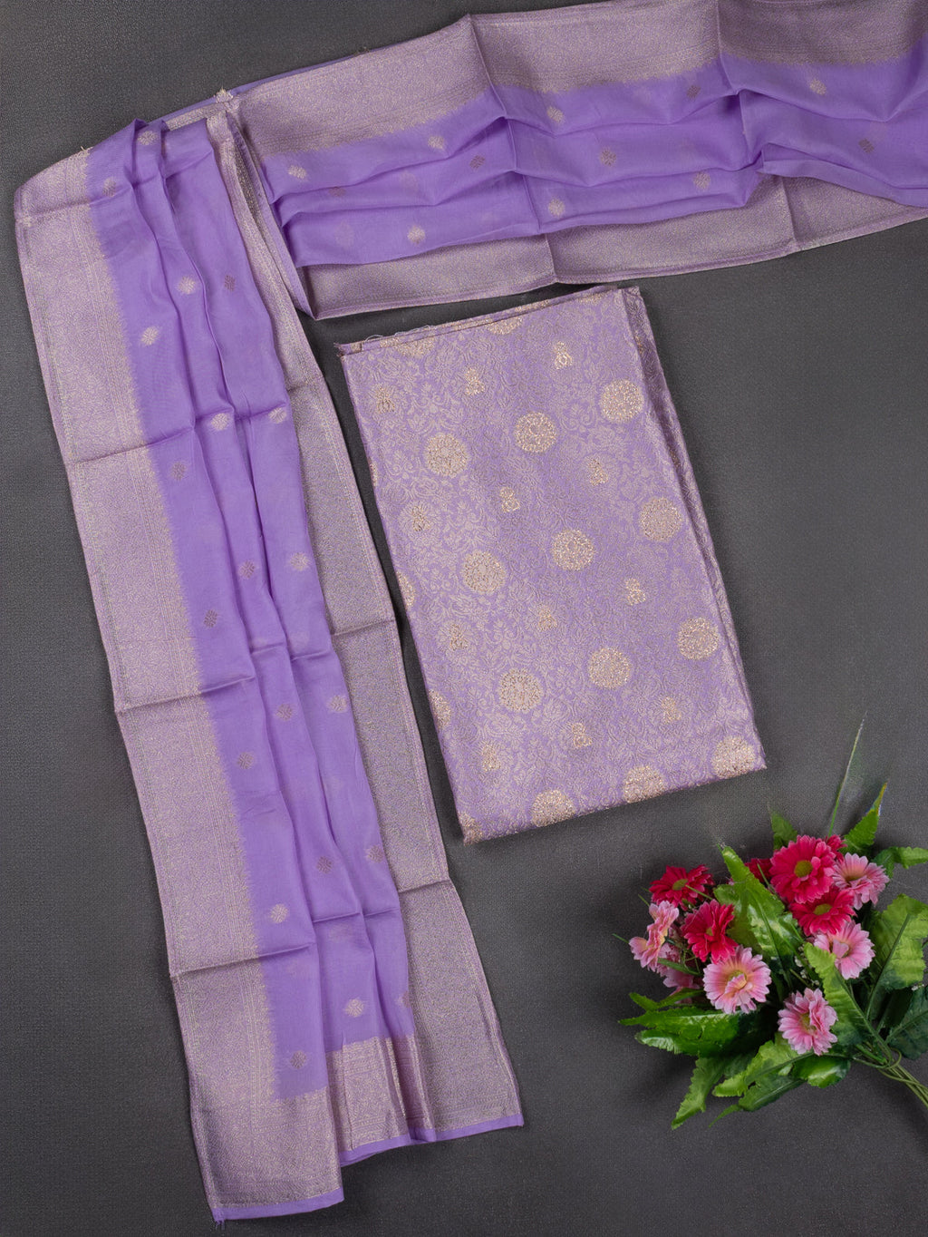 Banarasi silk dress material lavender with allover zari brocade weaves and dupatta & without bottom