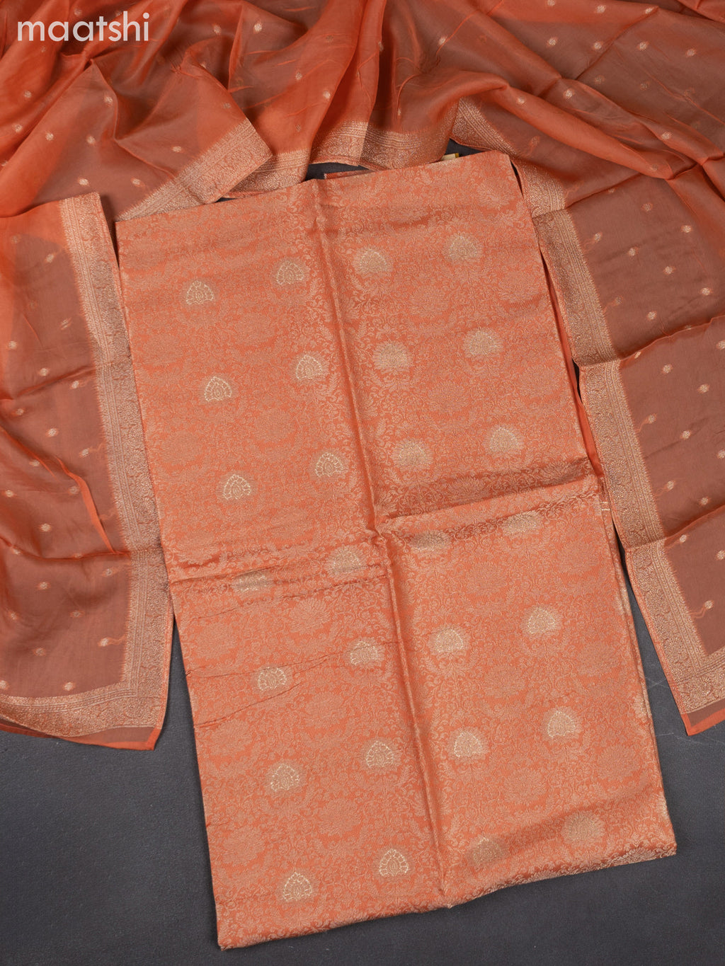 Banarasi silk dress material pale orange with allover zari brocade weaves and dupatta & without bottom