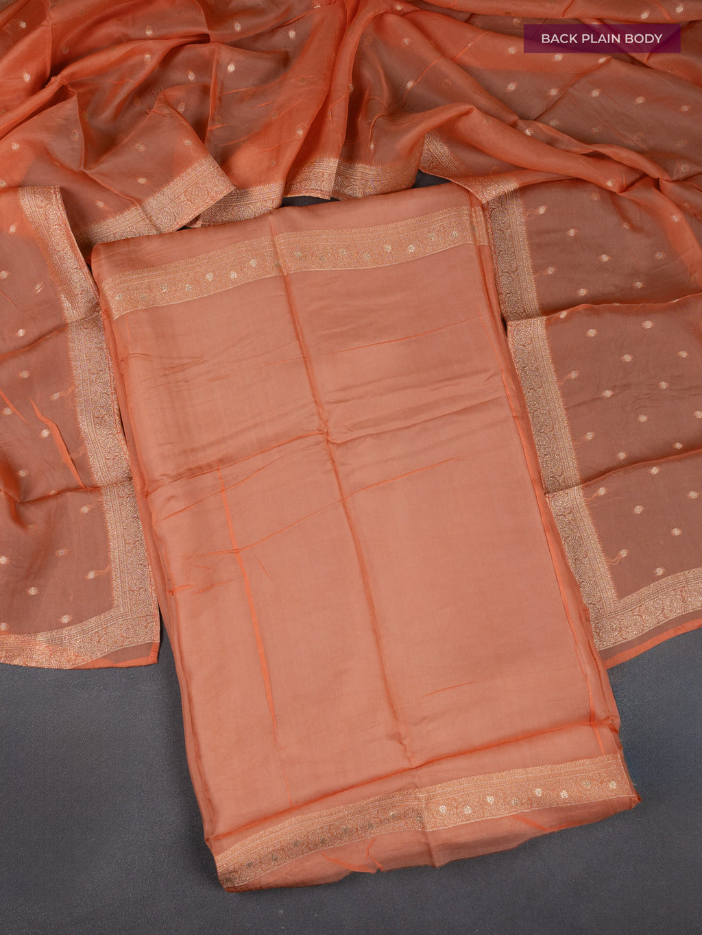 Banarasi silk dress material pale orange with allover zari brocade weaves and dupatta & without bottom