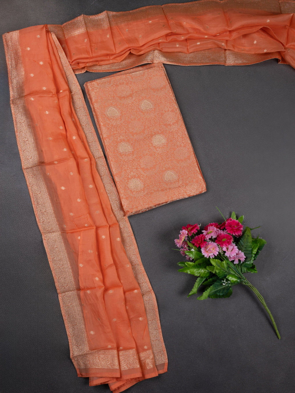 Banarasi silk dress material pale orange with allover zari brocade weaves and dupatta & without bottom