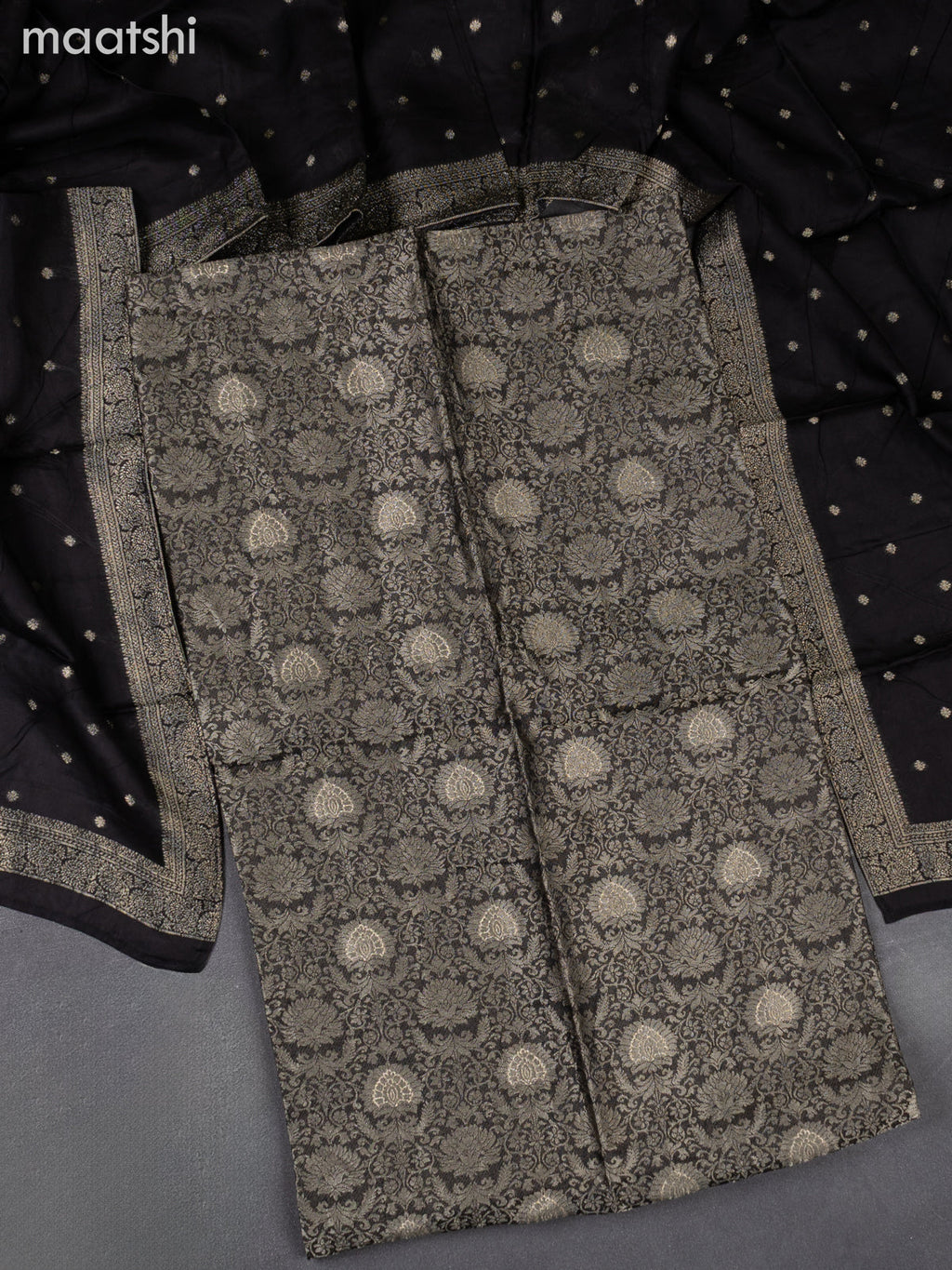 Banarasi silk dress material elephant grey with allover zari brocade weaves and dupatta & without bottom