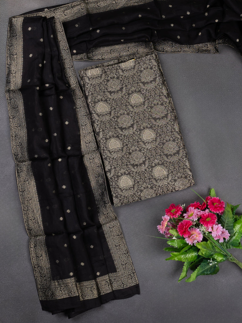 Banarasi silk dress material elephant grey with allover zari brocade weaves and dupatta & without bottom