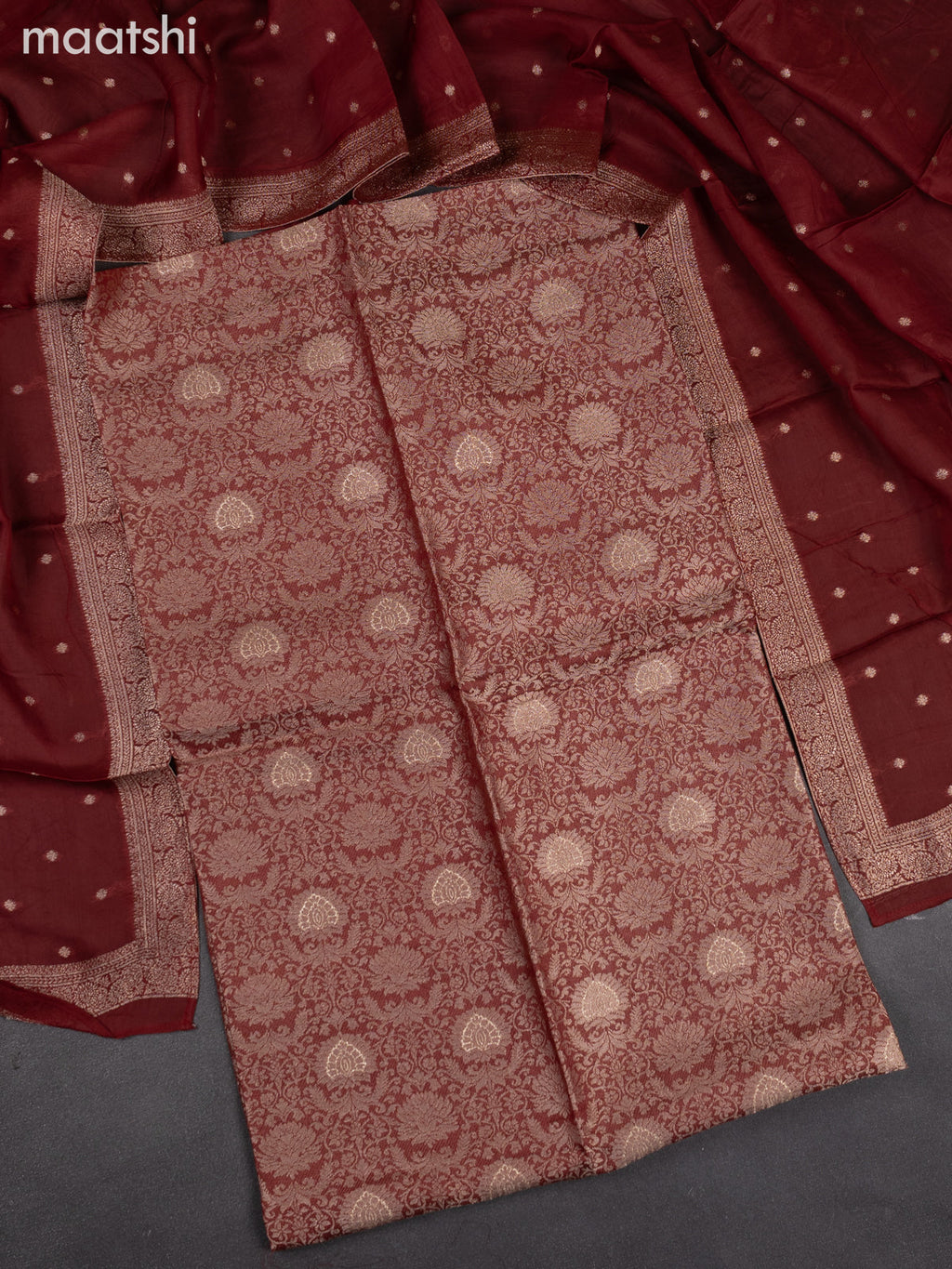 Banarasi silk dress material maroon with allover zari brocade weaves and dupatta & without bottom