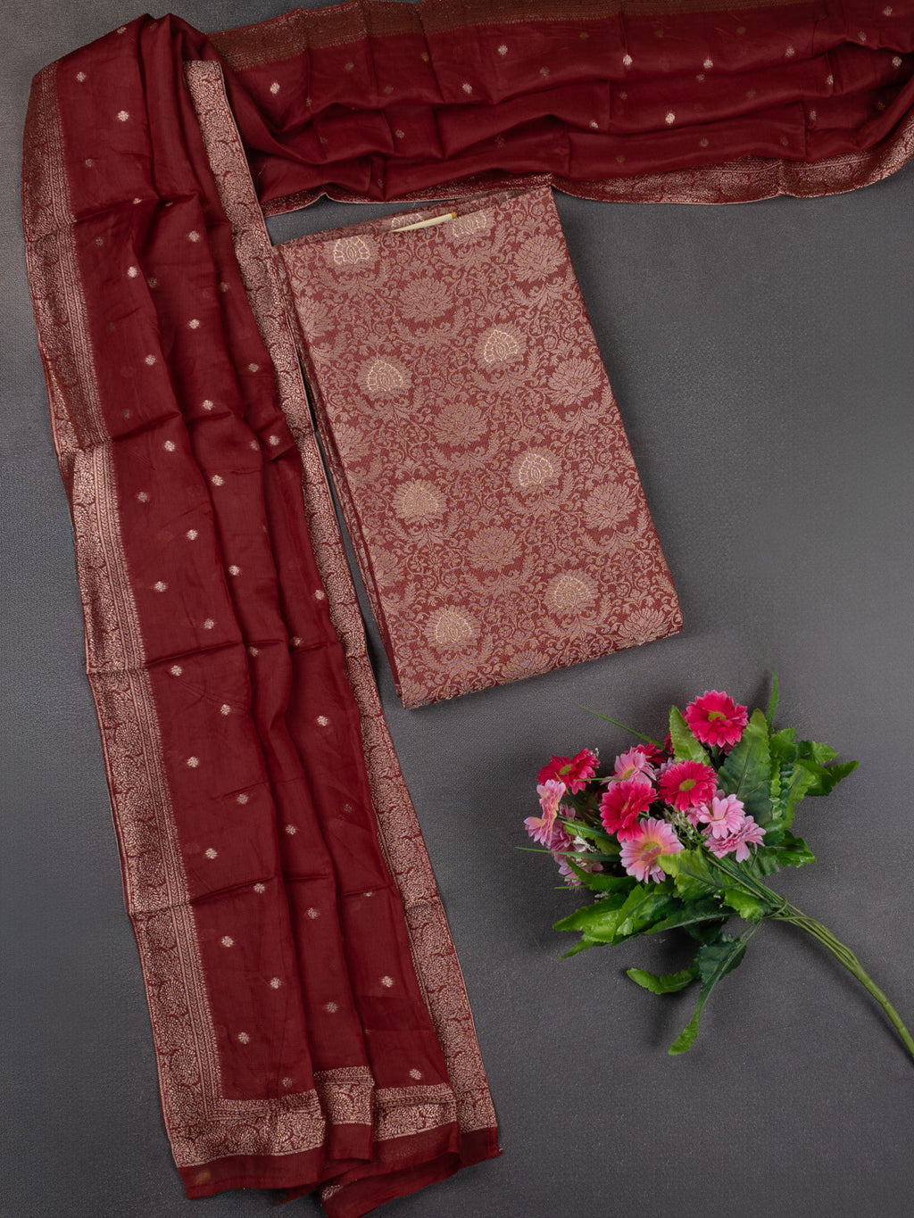 Banarasi silk dress material maroon with allover zari brocade weaves and dupatta & without bottom
