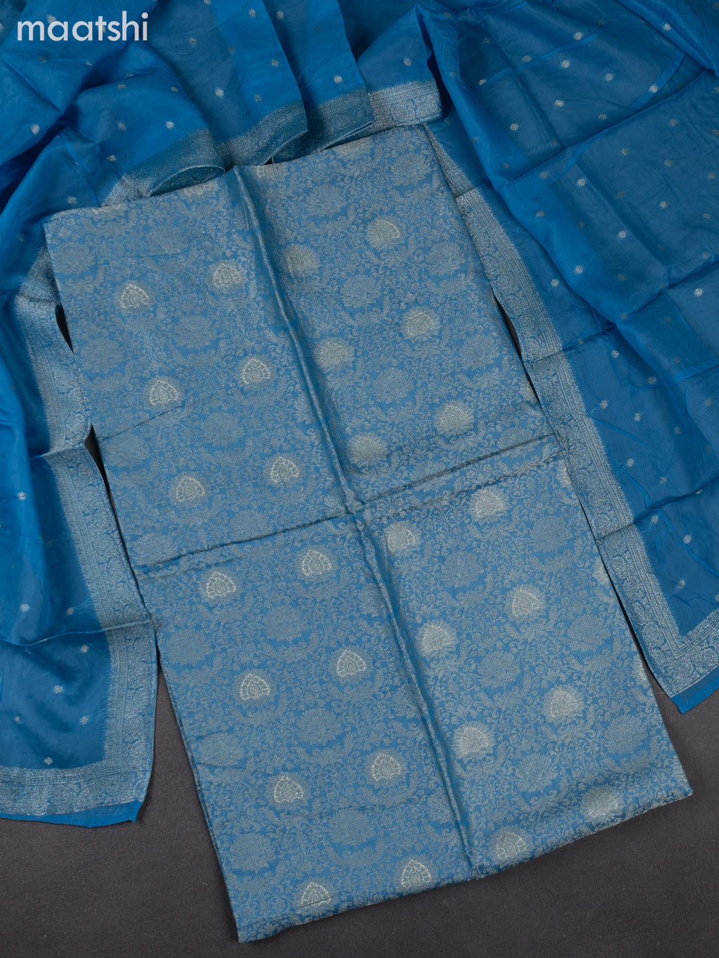 Banarasi silk dress material cs blue with allover zari brocade weaves and dupatta & without bottom