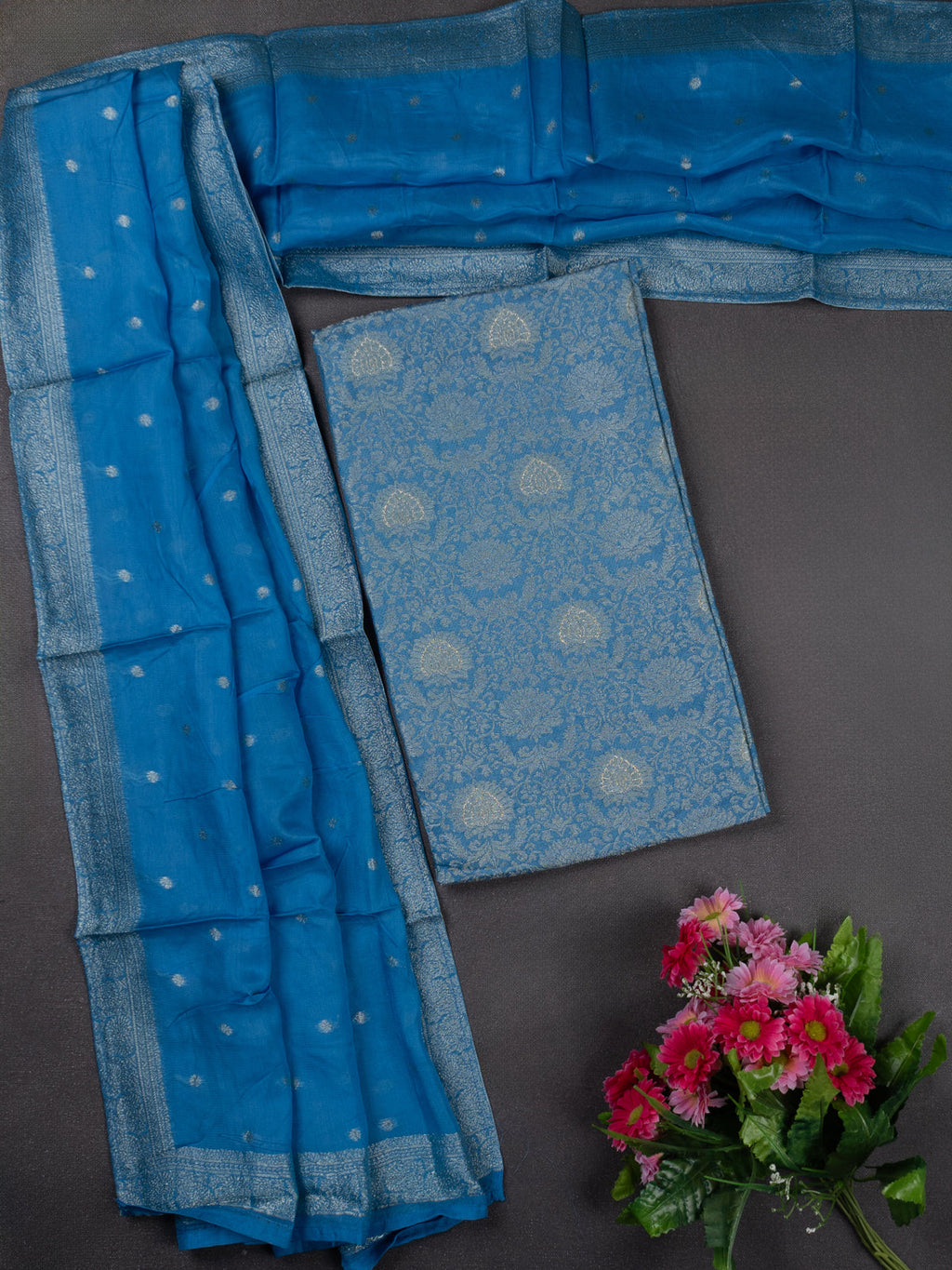 Banarasi silk dress material cs blue with allover zari brocade weaves and dupatta & without bottom