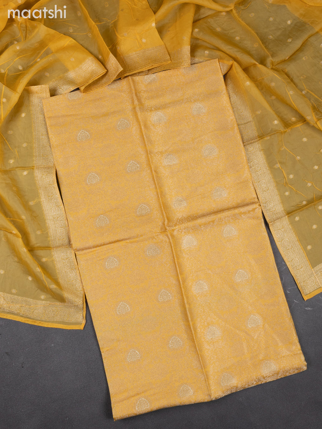 Banarasi silk dress material pale yellow with allover zari brocade weaves and dupatta & without bottom