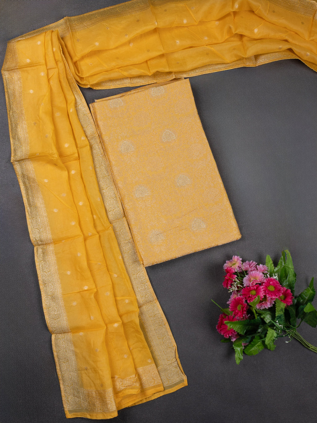 Banarasi silk dress material pale yellow with allover zari brocade weaves and dupatta & without bottom