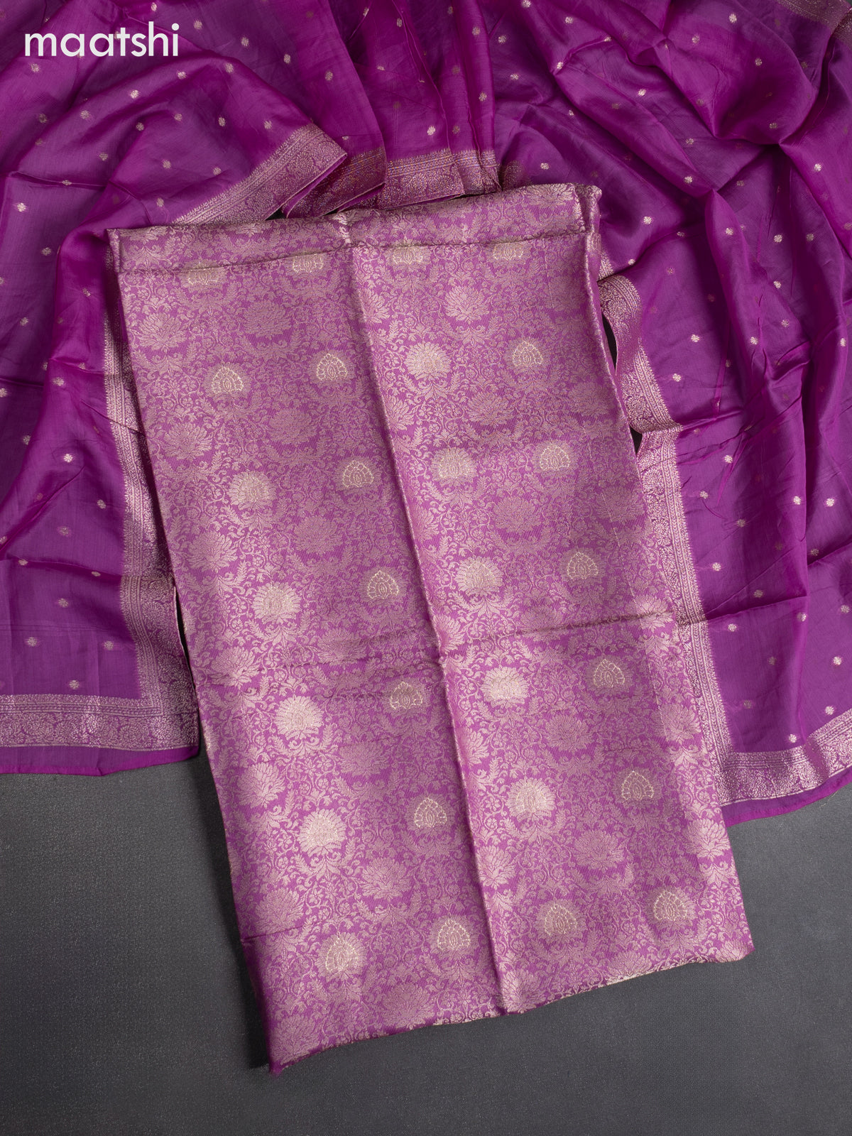 Banarasi silk dress material purple with allover zari brocade weaves and dupatta & without bottom