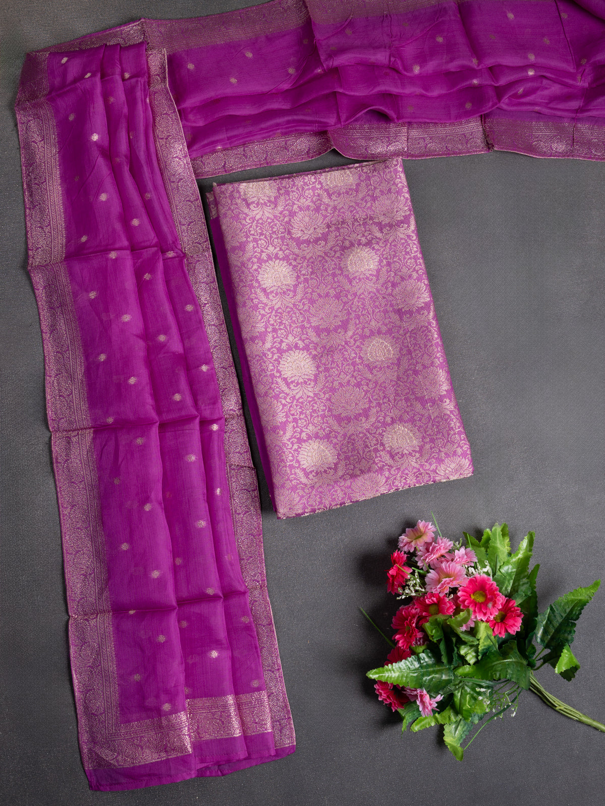 Banarasi silk dress material purple with allover zari brocade weaves and dupatta & without bottom