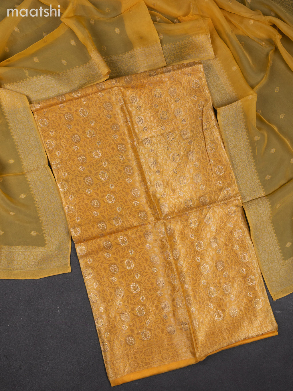 Banarasi silk dress material pale yellow with allover zari brocade weaves and dupatta & without bottom