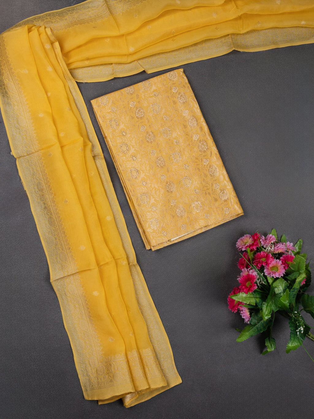 Banarasi silk dress material pale yellow with allover zari brocade weaves and dupatta & without bottom