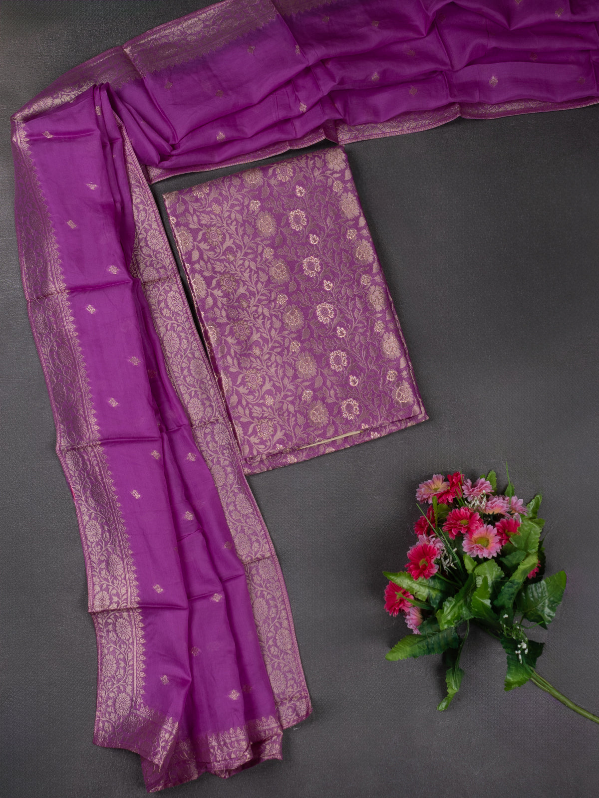 Banarasi silk dress material purple with allover zari brocade weaves and dupatta & without bottom