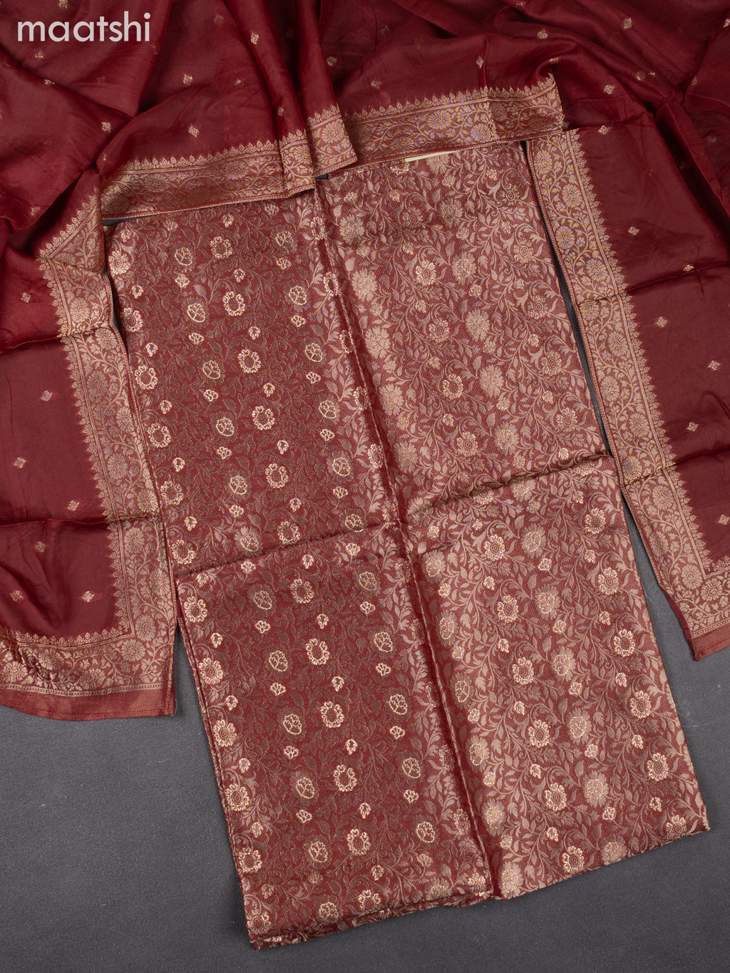 Banarasi silk dress material maroon with allover zari brocade weaves and dupatta & without bottom