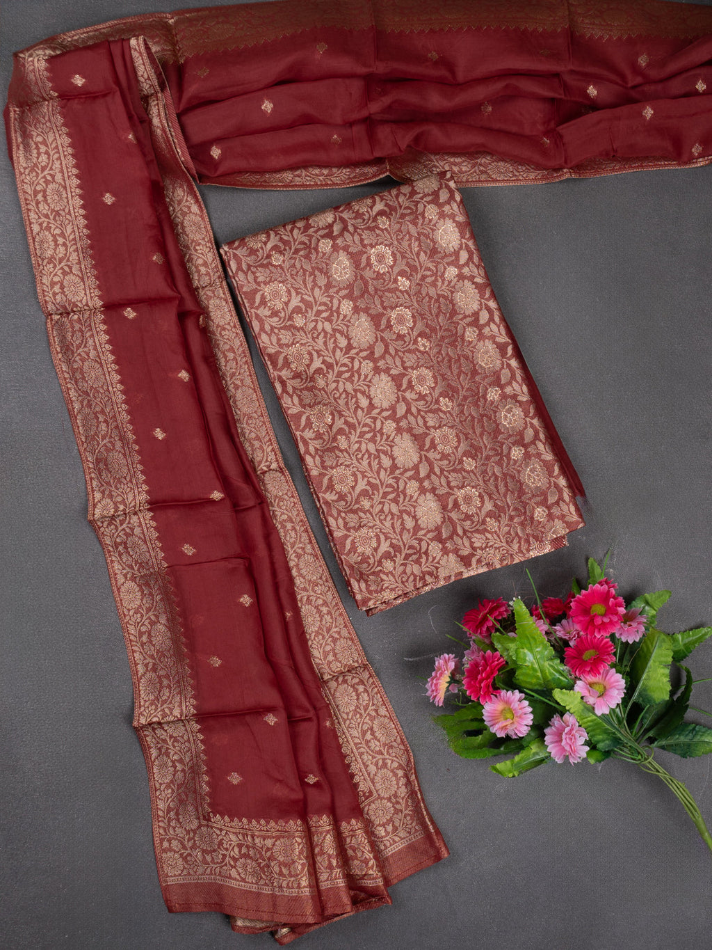Banarasi silk dress material maroon with allover zari brocade weaves and dupatta & without bottom