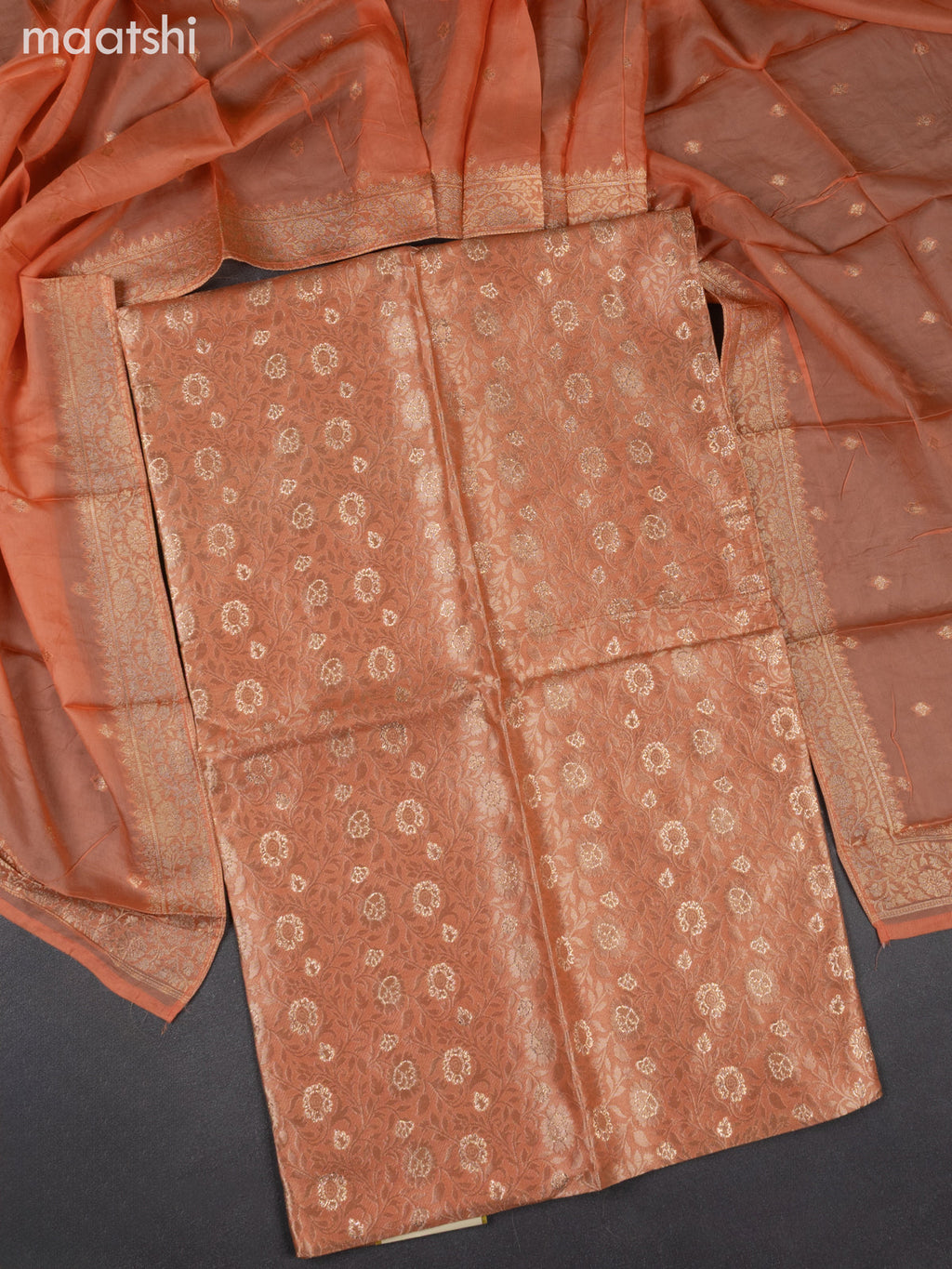 Banarasi silk dress material pale orange with allover zari brocade weaves and dupatta & without bottom