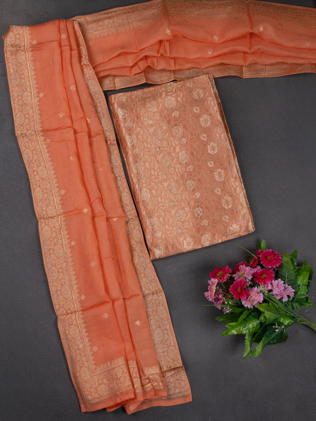 Banarasi silk dress material pale orange with allover zari brocade weaves and dupatta & without bottom